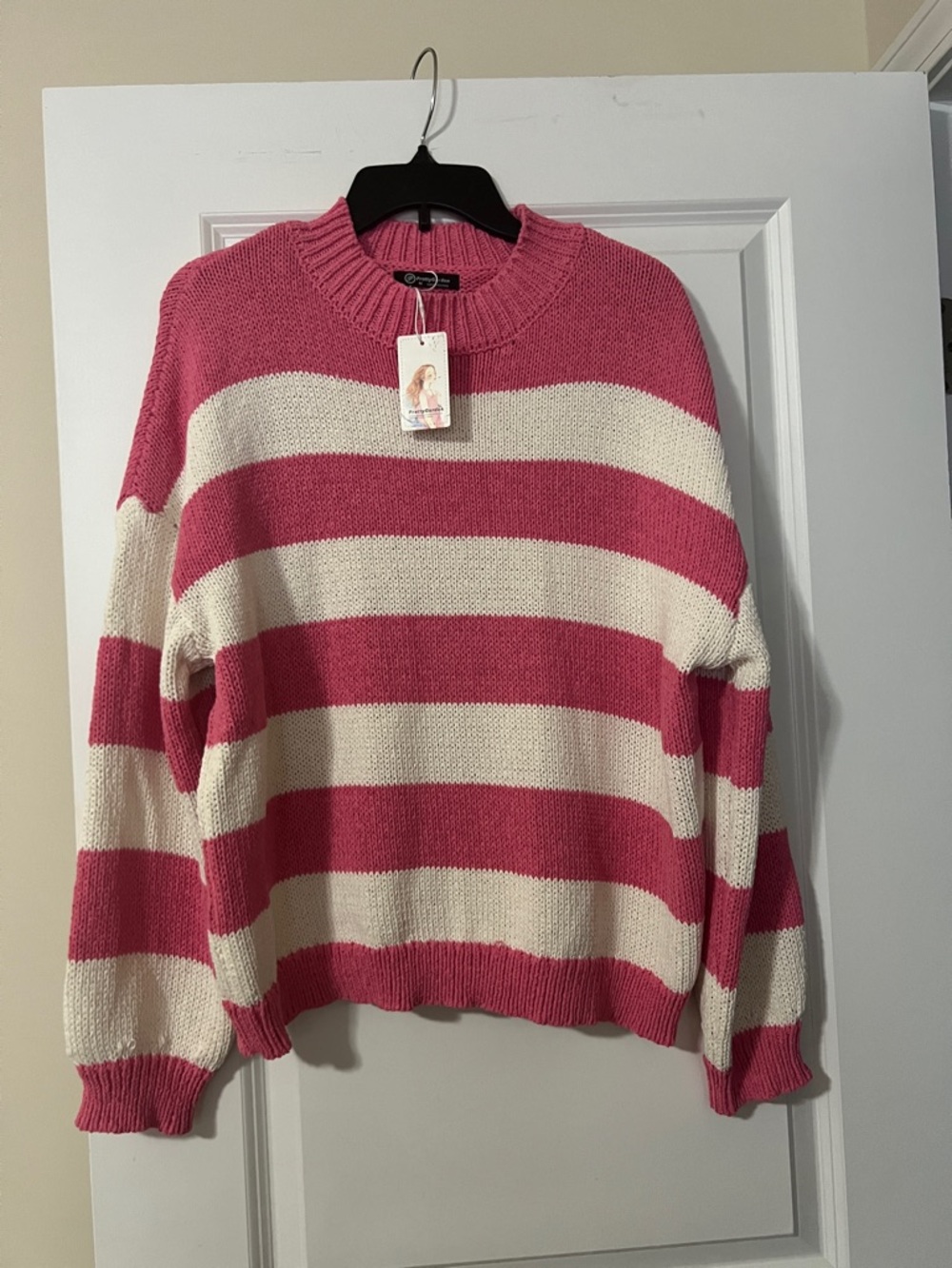 Striped Pink & Cream Crewneck Sweater - Women's Cozy Pullover